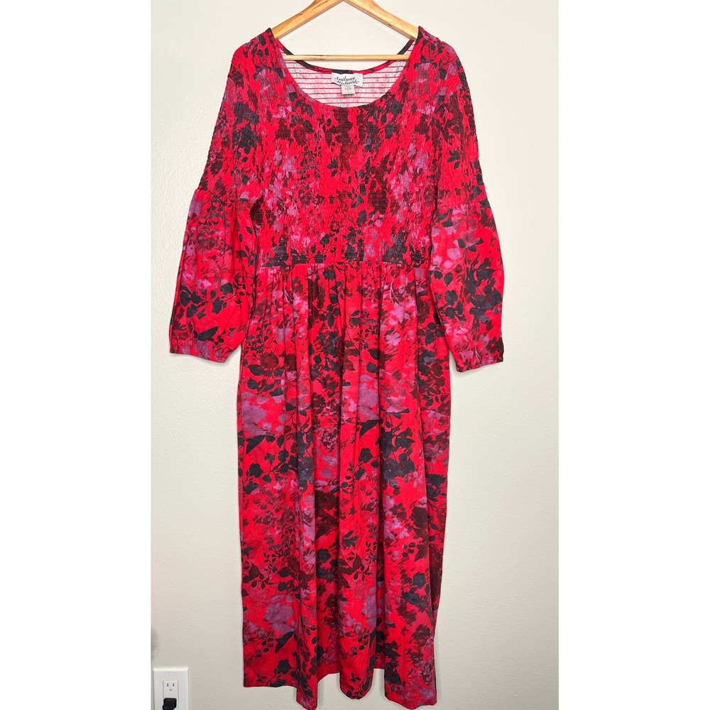 Anthony‎ Richards Red Floral Smocked Bodice Maxi Dress Pockets 1X Long Sleeve